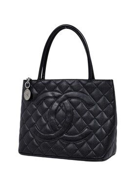Chanel Medallion Tote Handbag CC Logo Caviar Leather Black